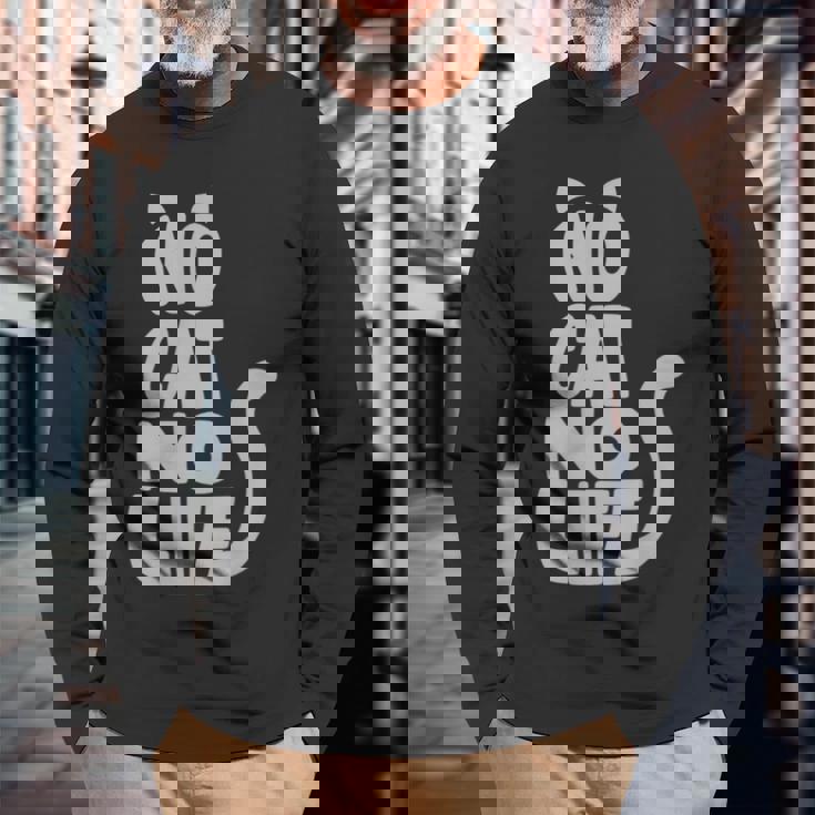 「No Cat No Life」 猫 シルエット 長袖Tシャツ 高齢者への贈り物