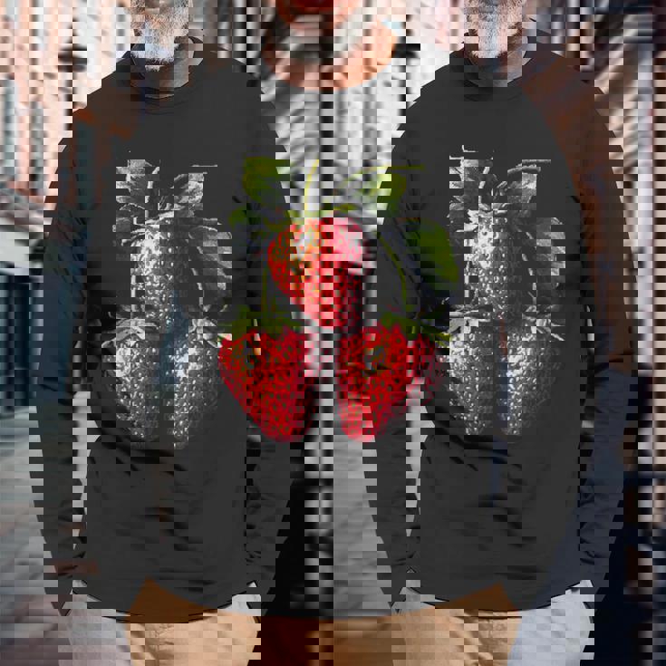 いちご フルーツモチーフ カラフル イラスト イチゴ 長袖Tシャツ 高齢者への贈り物