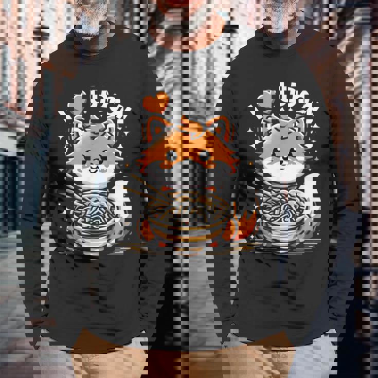 うどんが大好き カワイイきつねとうどん麺 長袖Tシャツ 高齢者への贈り物