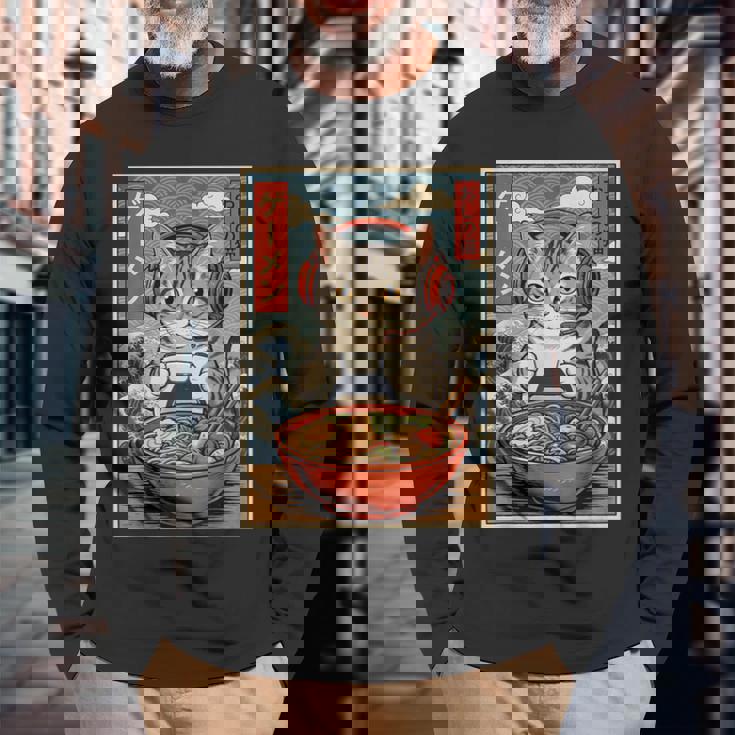 かわいい カワイイ ゲーマー猫 ラーメン ゲーム好き 猫好き向け 面白い デザイン レトロ 和風 日本 アニメ 長袖Tシャツ 高齢者への贈り物