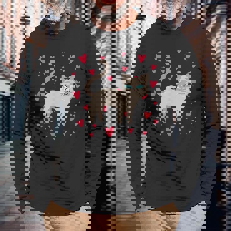 かわいいシャム猫プリント 長袖Tシャツ 高齢者への贈り物