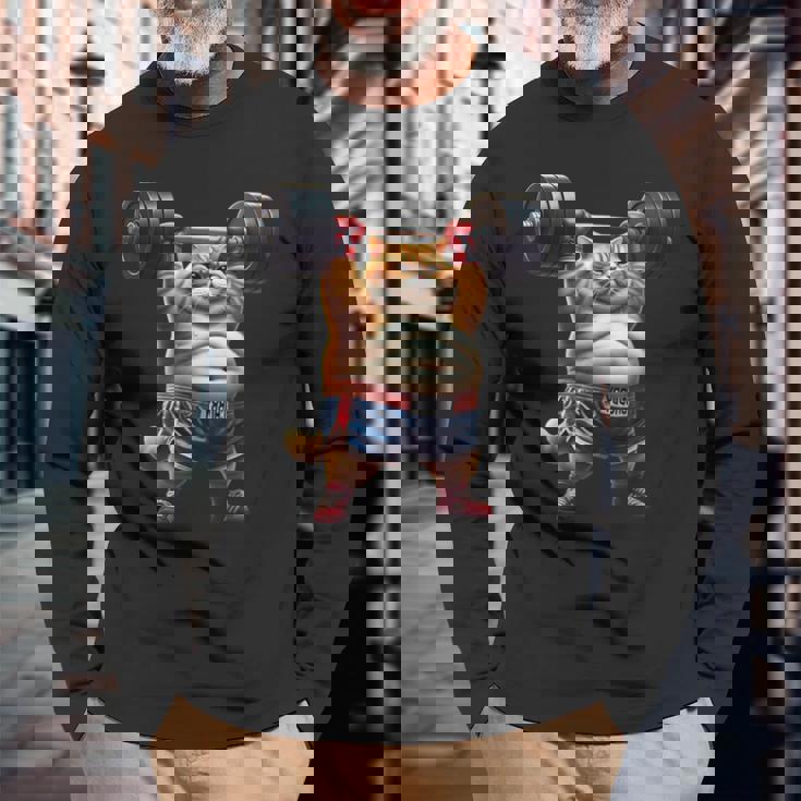 ギャグ ぽっちゃり猫 筋トレ ウエイトリフティング ジム 面白い グラフィック猫ミーム 長袖Tシャツ 高齢者への贈り物