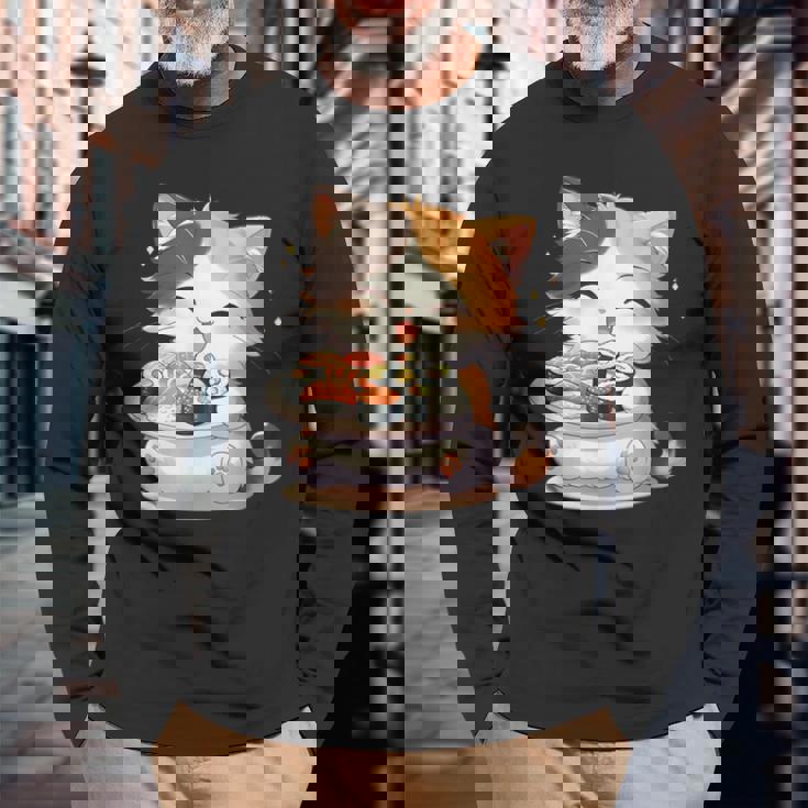 わがまま猫 寿司ねこ ラーメン好き かわいい おもしろ マンガ 長袖Tシャツ 高齢者への贈り物