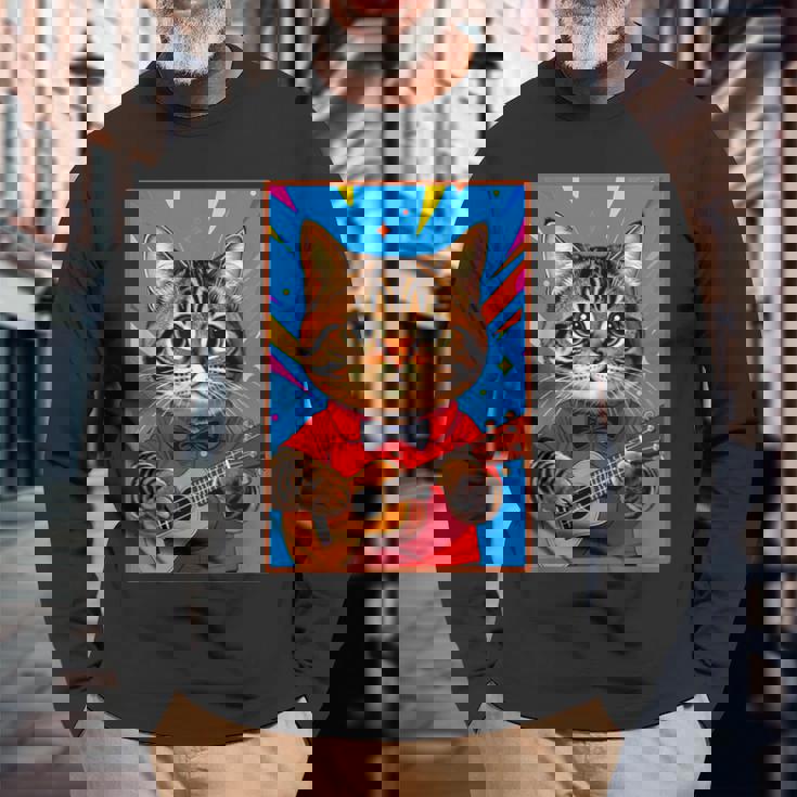 ウクレレ猫 長袖Tシャツ 高齢者への贈り物