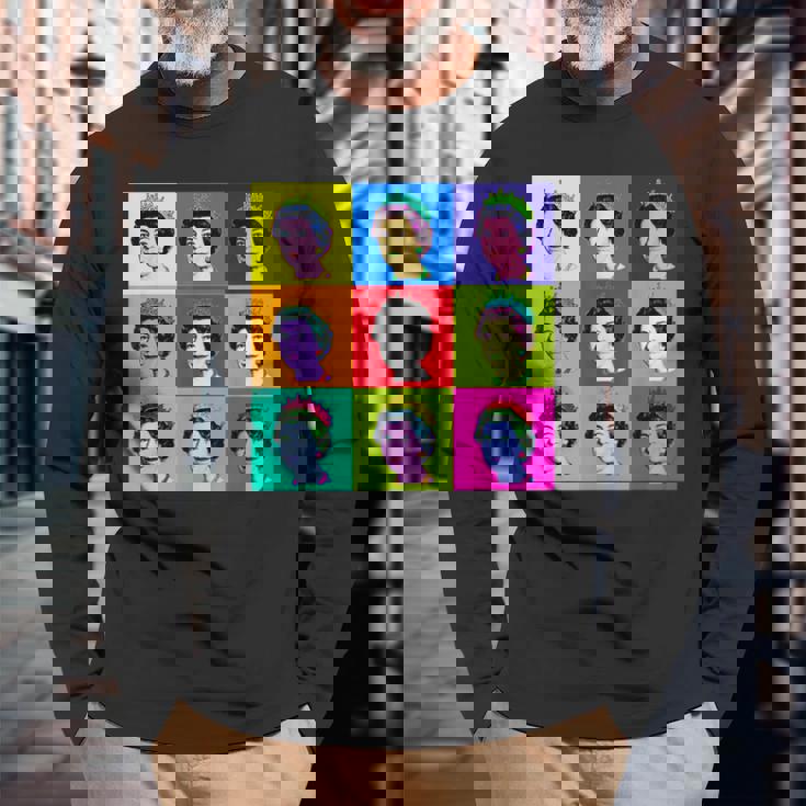 エリザベス 9 正方形タイル ポップアート イギリスの女王 長袖Tシャツ 高齢者への贈り物