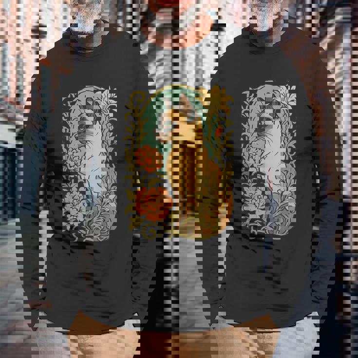 エレガントなガーデンフローラルに囲まれたヴィンテージシャム猫 長袖Tシャツ 高齢者への贈り物