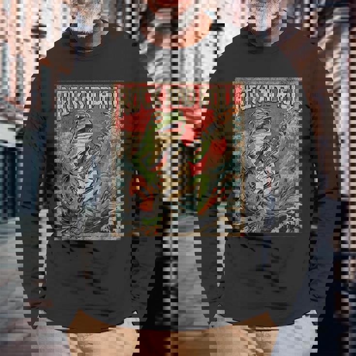 カエル 演奏 ベース ギター ロック オン ヴィンテージ ロック ギタリスト カエル 長袖Tシャツ 高齢者への贈り物