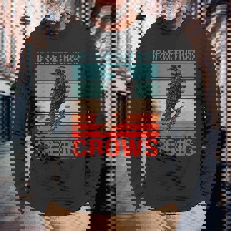 カラス ライフ・イズ・ベター バード鳥類学 カラス 長袖Tシャツ 高齢者への贈り物