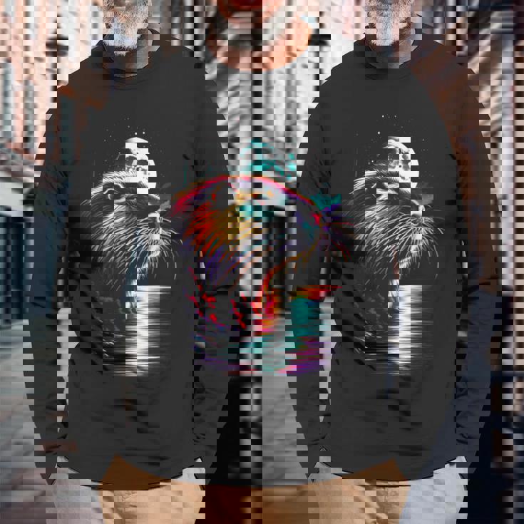 カラフル ヌートリア スピリット 動物 かっこいい イラスト アート 長袖Tシャツ 高齢者への贈り物