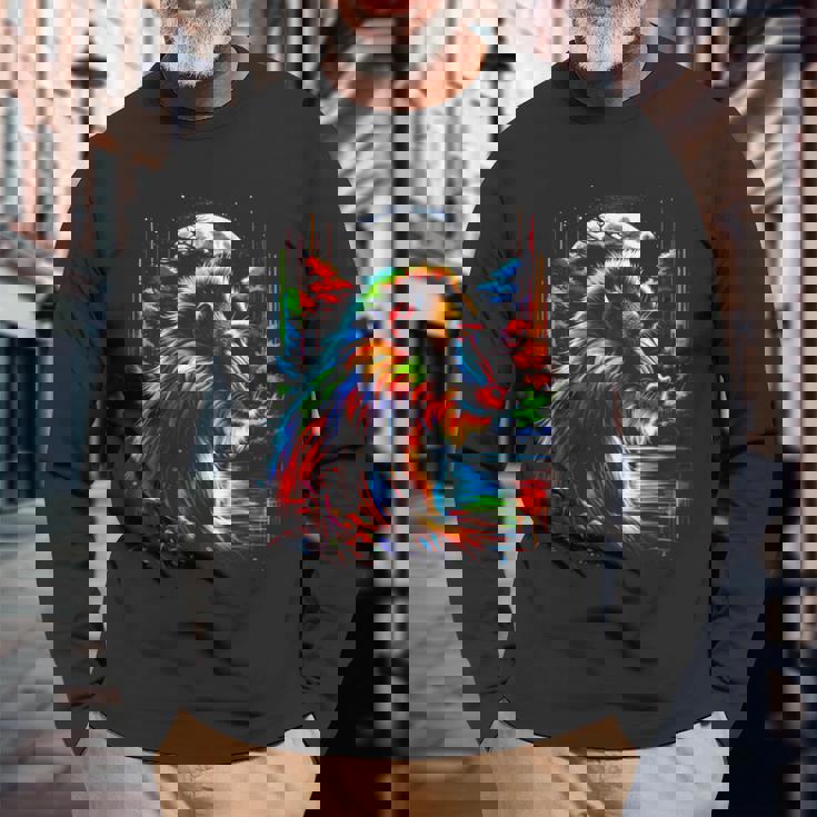 カラフル マンドリル 猿 精霊 動物 かっこいい イラスト アート 長袖Tシャツ 高齢者への贈り物