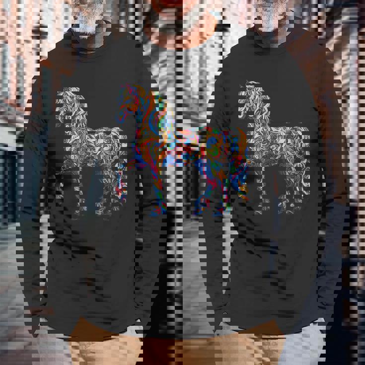 カラフルな抽象的な馬 長袖Tシャツ 高齢者への贈り物