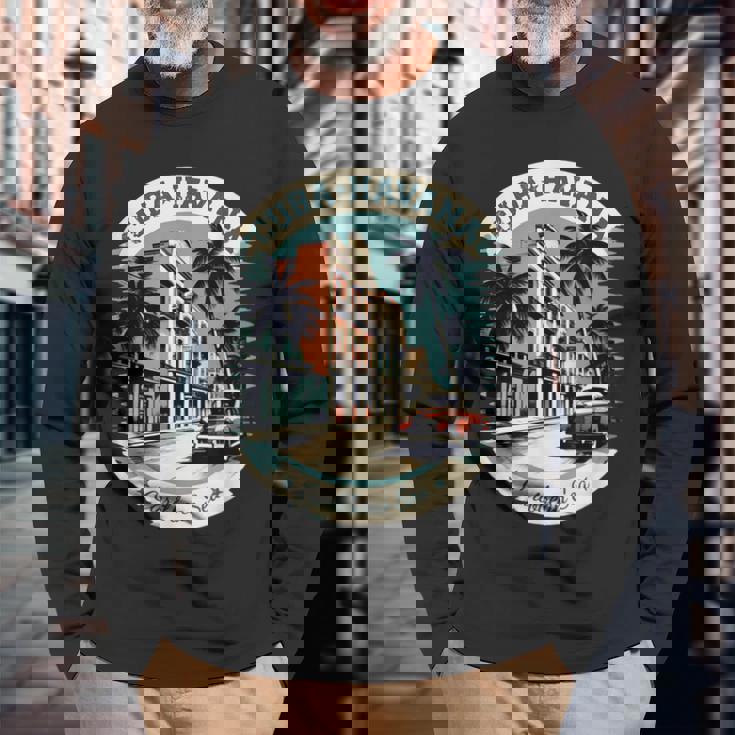 キューバ ハバナ レトロ 車 ヴィンテージ カリブ海のヤシの木 長袖Tシャツ 高齢者への贈り物