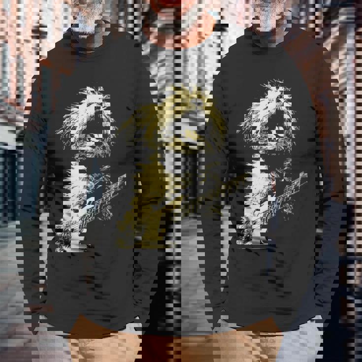 ギターロッカー ギタリスト 動物 パンク グランジ犬とマルチーズ 長袖Tシャツ 高齢者への贈り物