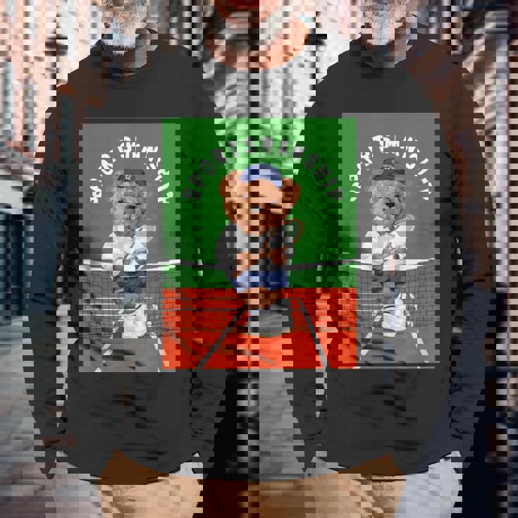 クールなテディベア テニス イラスト グラフィックデザイン 長袖Tシャツ 高齢者への贈り物