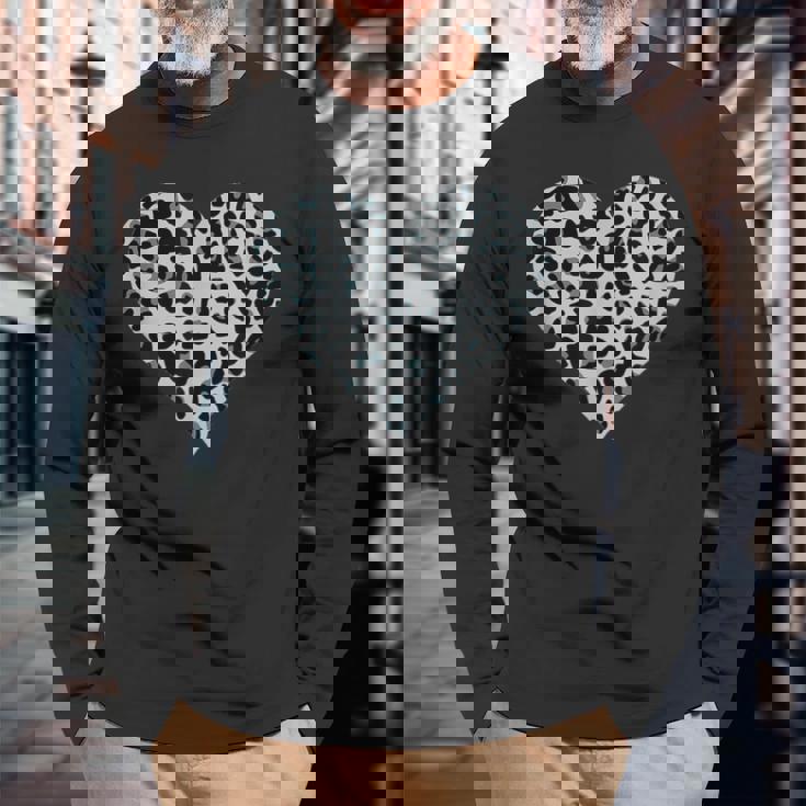 グレーとブラック ヒョウ柄 アニマルプリント ハート 長袖Tシャツ 高齢者への贈り物