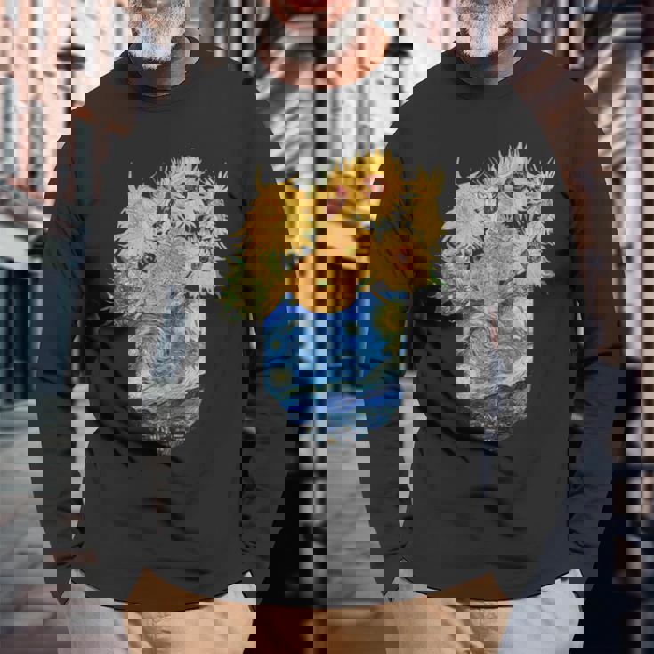 ゴッホ ひまわり&星月夜ポケット 美的アート 長袖Tシャツ 高齢者への贈り物