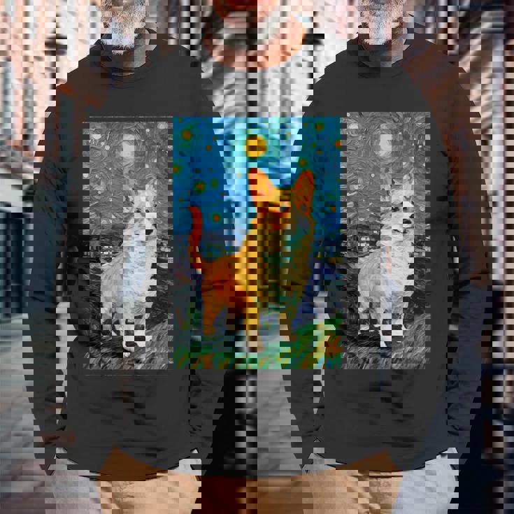 ゴッホ動物アート 動物愛好家のためのかわいいコーギー犬 長袖Tシャツ 高齢者への贈り物