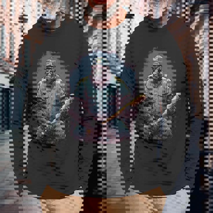 ゴリラ遊び 野球 おもしろい ゴリラ 野球選手 長袖Tシャツ 高齢者への贈り物