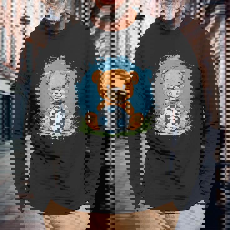 サッカーボール付きのかわいいテディベア 長袖Tシャツ 高齢者への贈り物