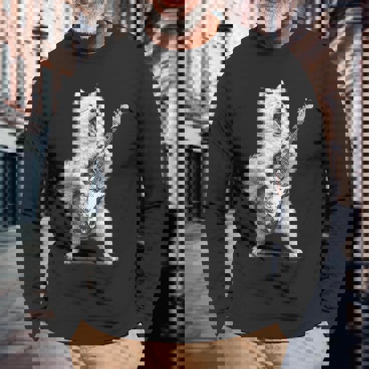 サモエド ギターを弾く ロックミュージック 犬好き 長袖Tシャツ 高齢者への贈り物