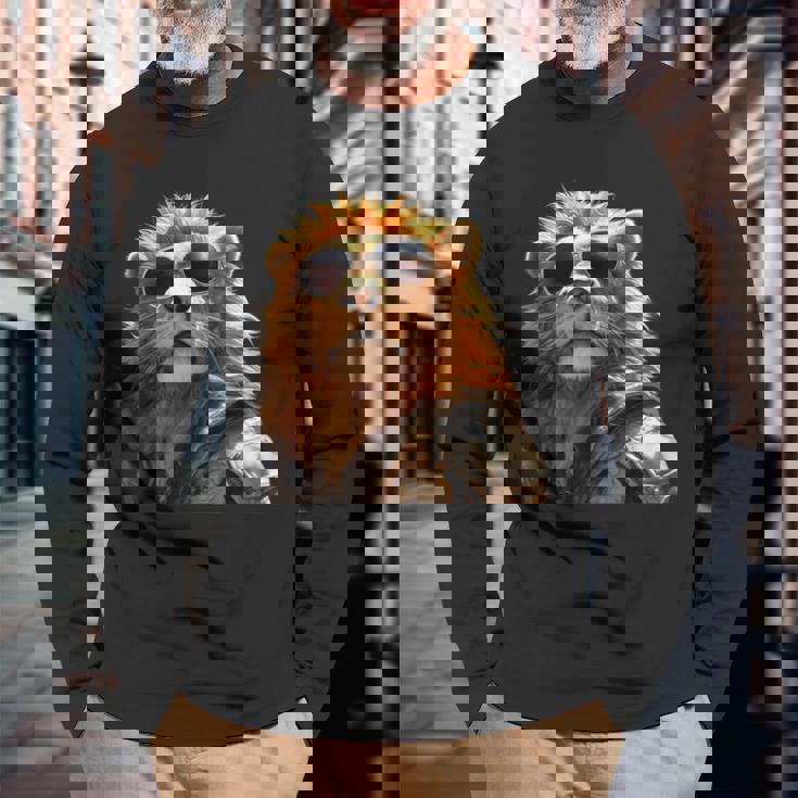 サングラスをかけたライオン 動物大好きライオン かわいいライオン 長袖Tシャツ 高齢者への贈り物