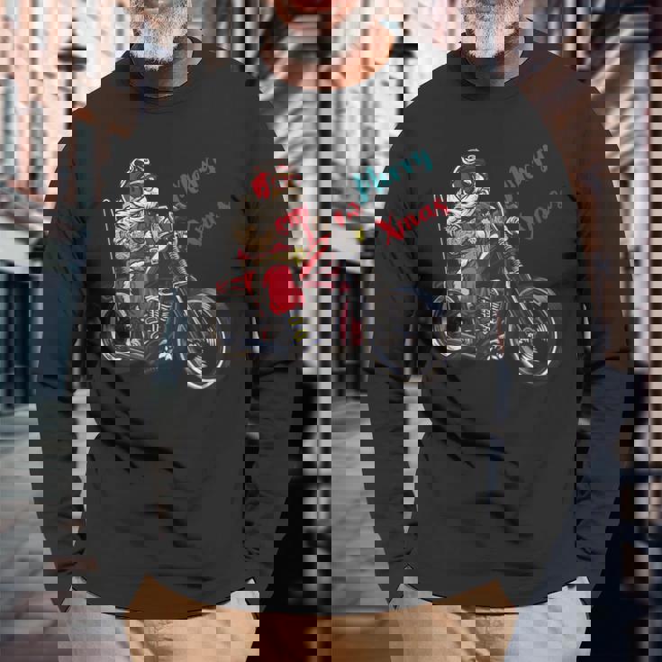 サンタクロース 面白い バイク イラスト メリー クリスマス パロディ イラスト 長袖Tシャツ 高齢者への贈り物