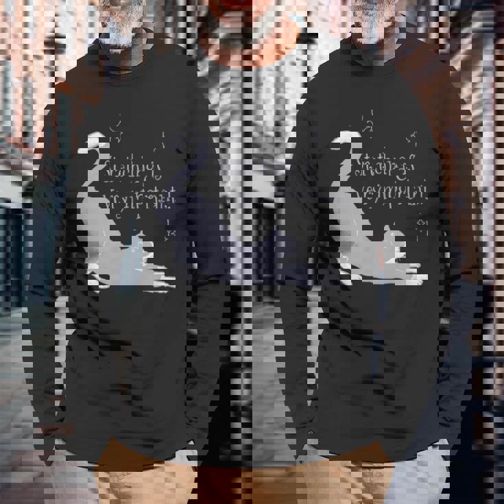 ストレッチは大事！ 猫 ネコ 愛猫 伸び 柔軟 ハチワレ 靴下猫 シンプル かわいい 癒やし メンズ レディース キッズ 長袖Tシャツ 高齢者への贈り物