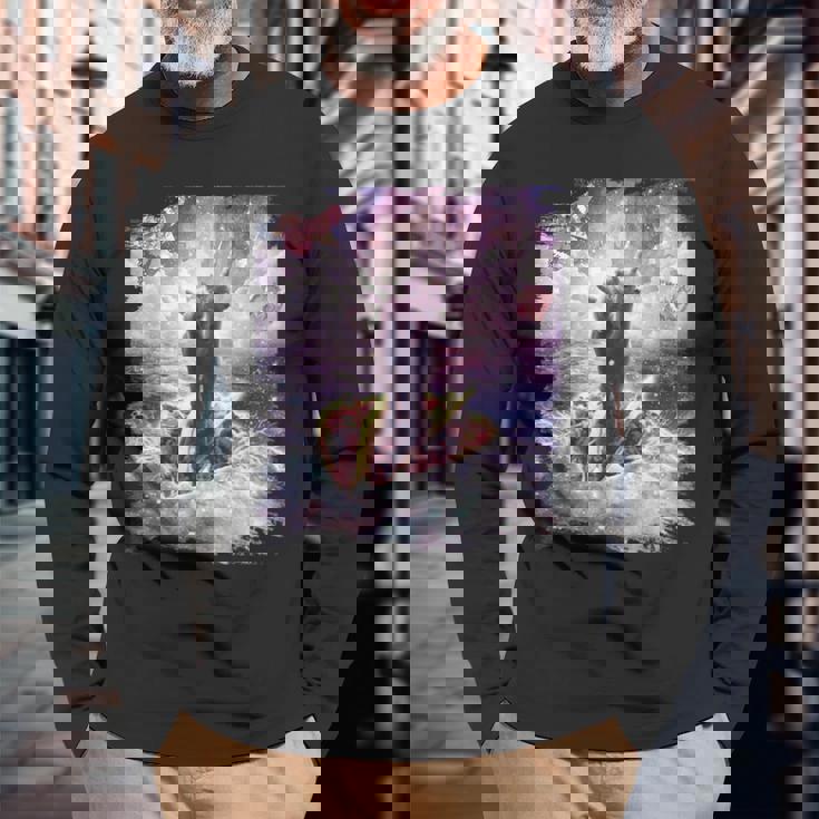 スペースキャットライディングアルパカユニコーン-ピザ＆タコス 長袖Tシャツ 高齢者への贈り物