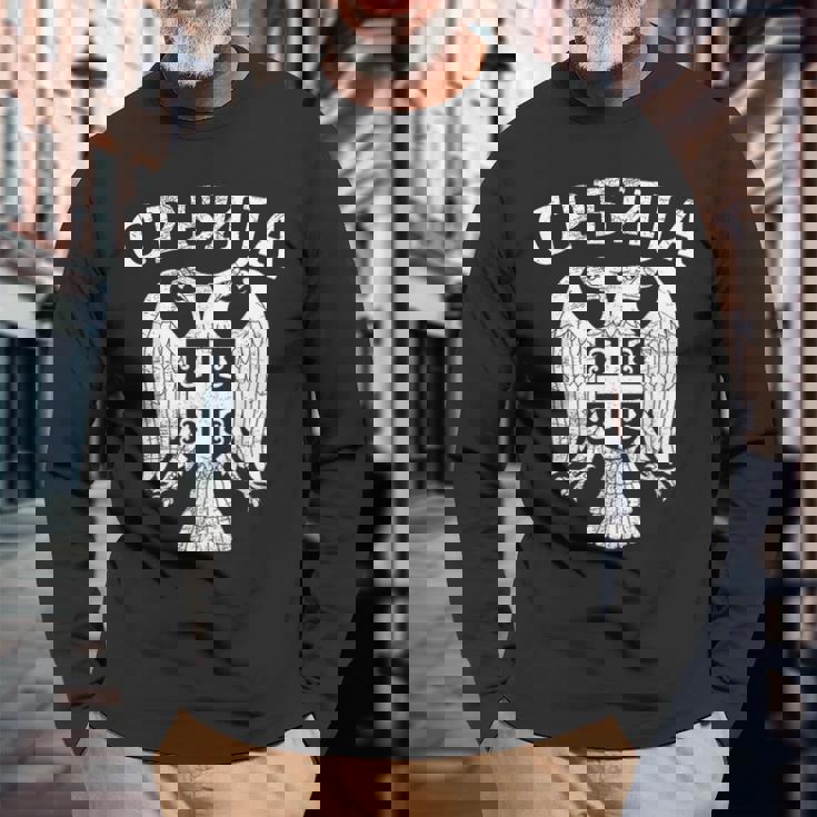 セルビア セルビア セルビア語 紋章 イーグル クロス 旗 キリル文字 長袖Tシャツ 高齢者への贈り物
