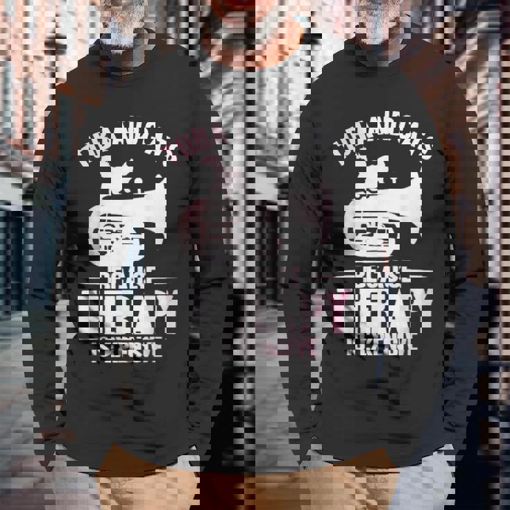 チューバ 水彩 チューバと猫 長袖Tシャツ 高齢者への贈り物