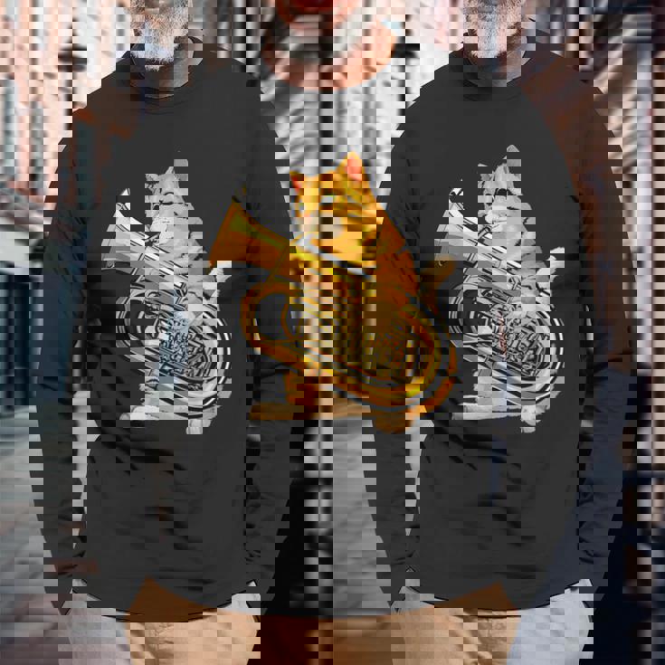 チューバを弾く面白い猫ギフト かわいい子猫ミュージシャンファン 長袖Tシャツ 高齢者への贈り物