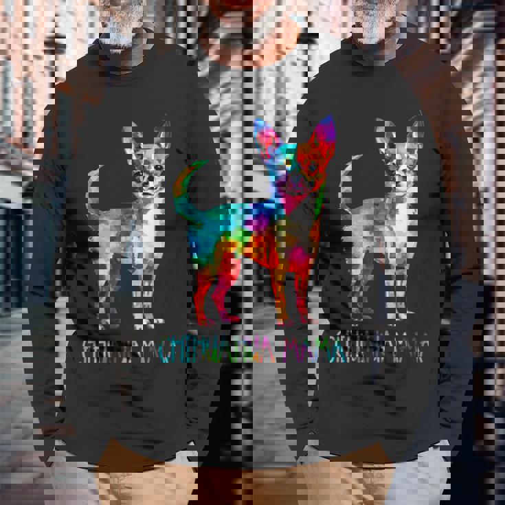 チワワ ママ 水彩画 芸術的 犬 恋人 ティーカップ 長袖Tシャツ 高齢者への贈り物