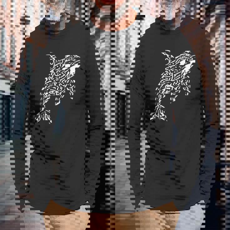 トライバル シャチ クジラ ハワイアン マオリ タトゥー オーシャン アート デザイン 長袖Tシャツ 高齢者への贈り物