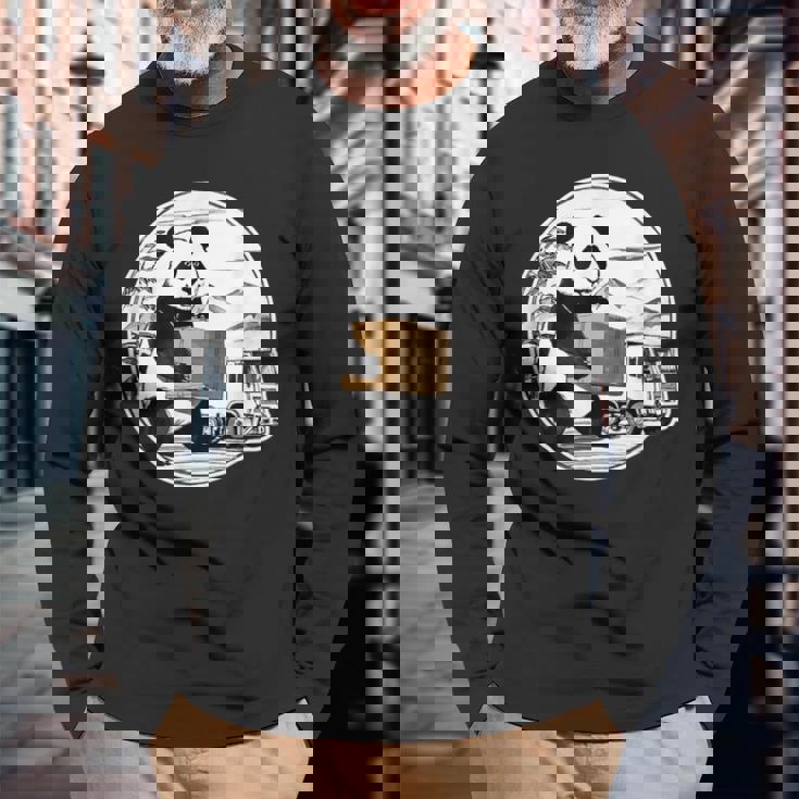 トラック運転手 パンダ 運送業 水墨画 和風 おもしろ 動物 長袖Tシャツ 高齢者への贈り物