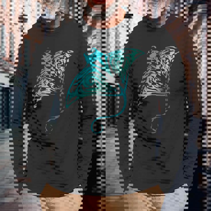 ハワイ トライバル マンタレイ ハワイアン シャツ サメの恋人 長袖Tシャツ 高齢者への贈り物