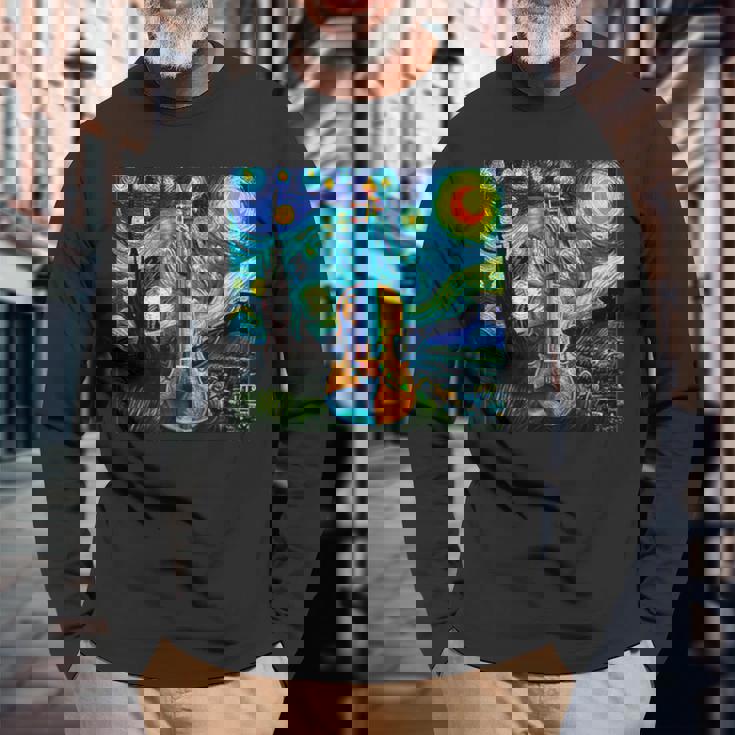 バイオリン 楽器 面白いtシャツ ゴッホ 星月夜 かわいい メンズ 子供 おもしろ 服 グッズ ネタ 音楽 長袖Tシャツ 高齢者への贈り物