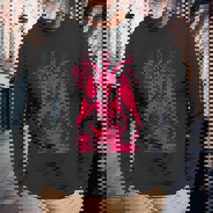 バフォメットオカルトヤギ悪魔崇拝サタンデーモン召喚 長袖Tシャツ 高齢者への贈り物