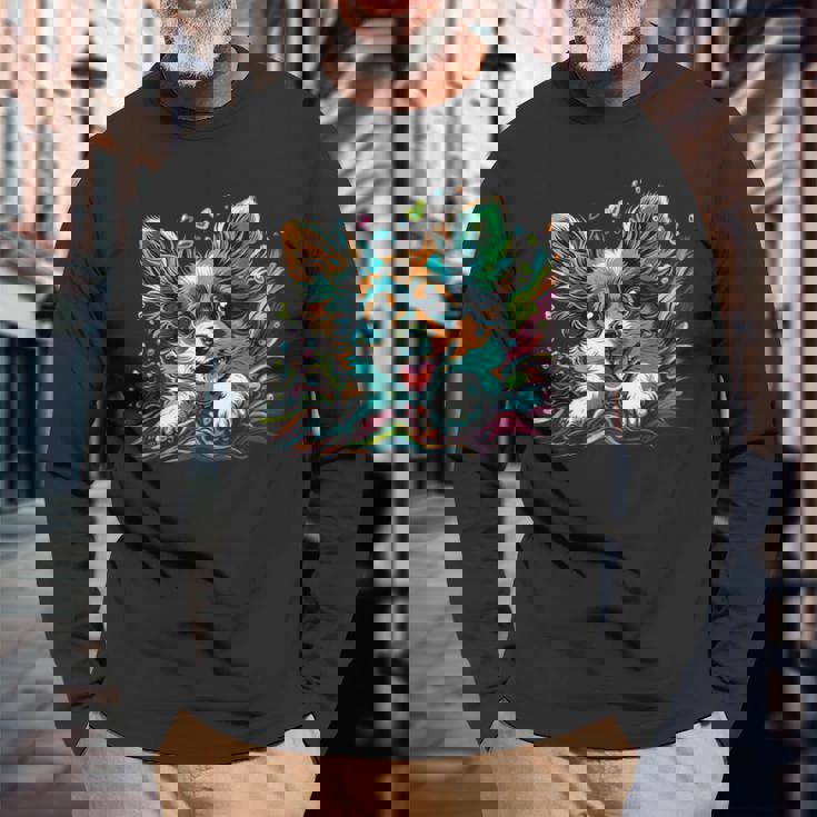 パピヨン犬の飼い主 パピヨン犬のアートワーク 長袖Tシャツ 高齢者への贈り物