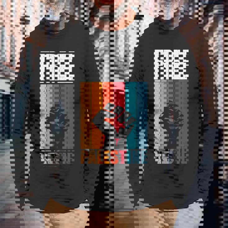 パレスチナ人のためのフリーパレスチナのレトロなビンテージデザイン 長袖tシャツ 長袖Tシャツ 高齢者への贈り物