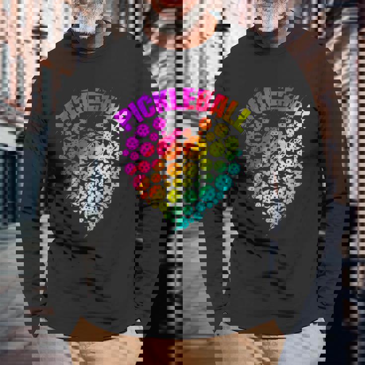 ピックルボール ハート カラフル ラブ ピックルボール 長袖Tシャツ 高齢者への贈り物