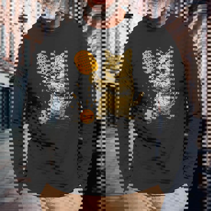 ピックルボール選手 ピックルボールの猫 長袖tシャツ 長袖Tシャツ 高齢者への贈り物