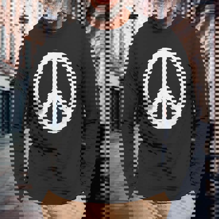 ホワイト ピースサイン 長袖Tシャツ 高齢者への贈り物