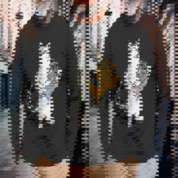 フレンチホルン音楽家オーケストラ音楽を奏でるクールな猫 長袖Tシャツ 高齢者への贈り物