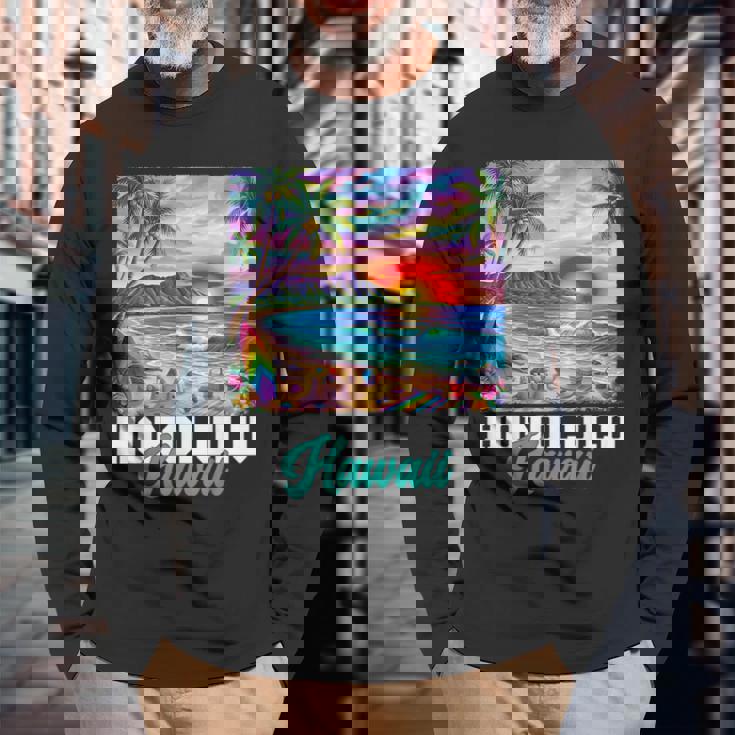 ホノルル ハワイ ハワイアン 波 ビーチ 夏 サーフィン レトロ 長袖Tシャツ 高齢者への贈り物