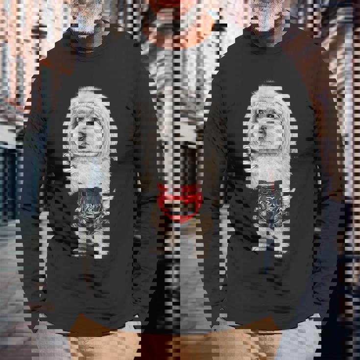 ムエタイキックボクシングチャンピオンとしてのマルチーズドッグ 長袖Tシャツ 高齢者への贈り物