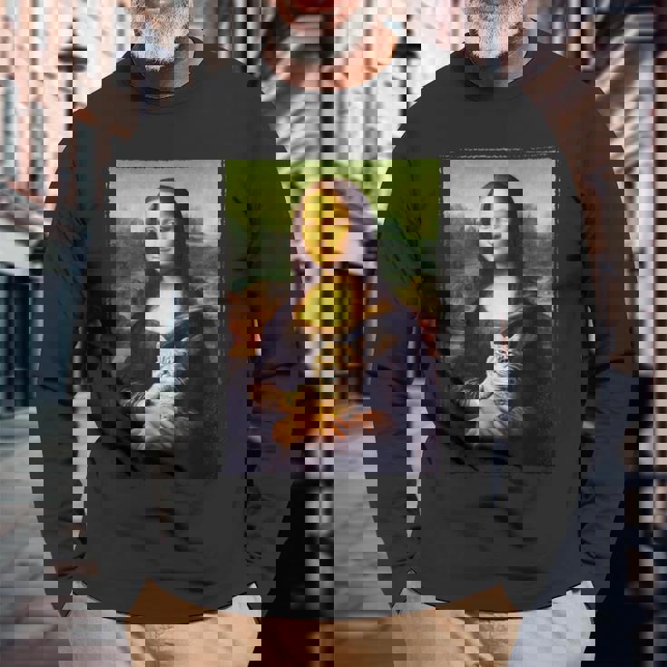 モナリザ と 猫 美術 教師 絵画 と 猫 恋人 長袖Tシャツ 高齢者への贈り物