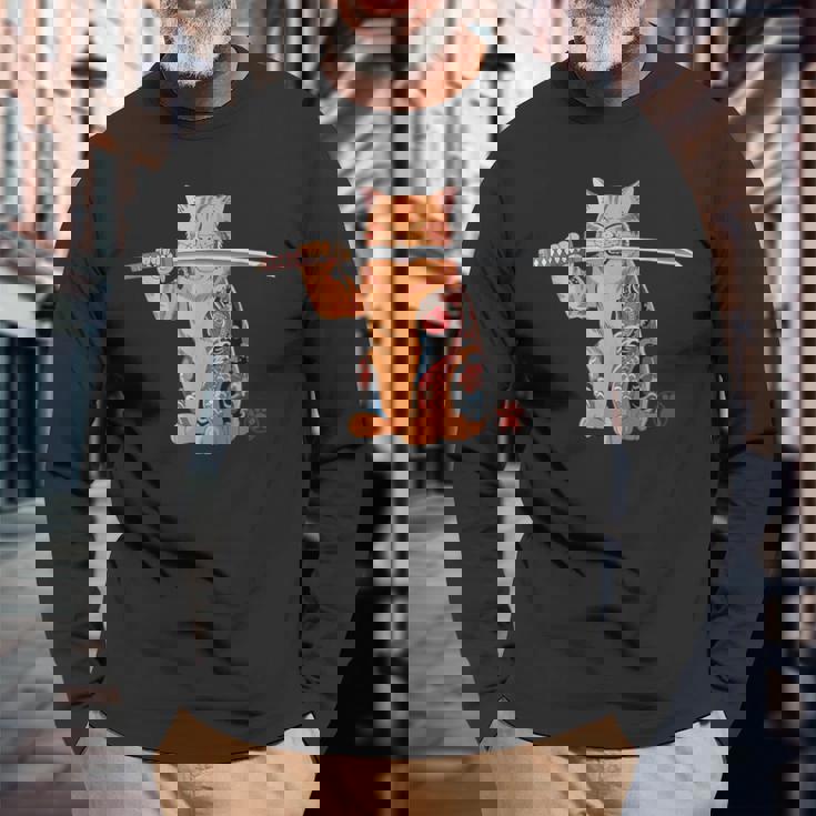 ヤクザ 猫 サムライ タトゥー 日本語 オレンジ 猫 グラフィック 長袖Tシャツ 高齢者への贈り物