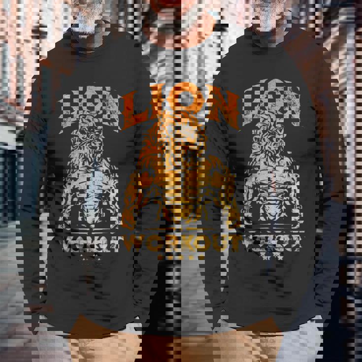 ライオン ワークアウト ゴールド トレーニング ビースト ジム フィットネス パワーマッスル 長袖Tシャツ 高齢者への贈り物