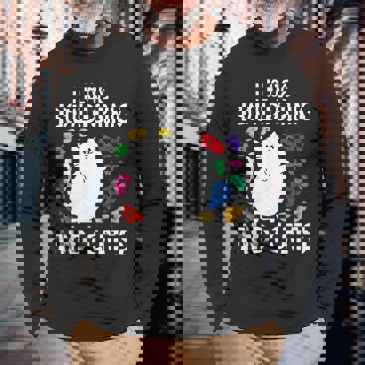 ロッククライミングホールズ クライマー キュート I Love ボルダリングと猫 長袖Tシャツ 高齢者への贈り物