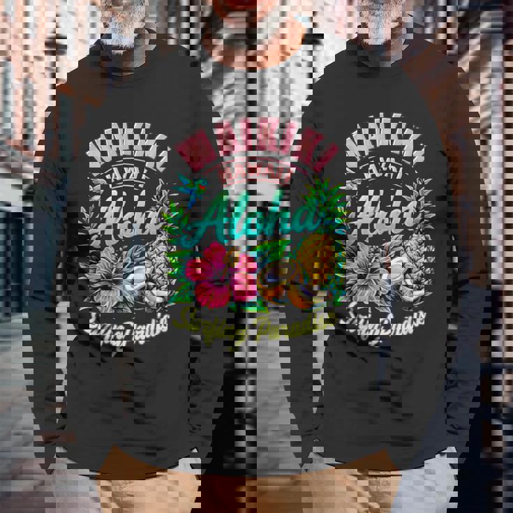 ワイキキ ハワイ アロハ サーフィン パラダイス ハイビスカス パイナップル 長袖Tシャツ 高齢者への贈り物